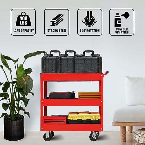 Torin APTC302B Red Steel Tool Cart with 3 Shelves, 200 lbs Capacity