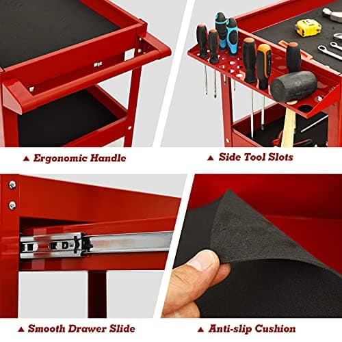 ARNOT Red 3-Tier Rolling Heavy Duty Tool Cart, 330 LBS, Garage & Warehouse