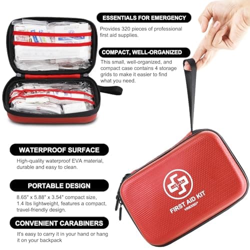 Premium 320 Piece Waterproof First Aid Kit for Home, Camping, Cars, Hiking, Travel, Emergencies - Red