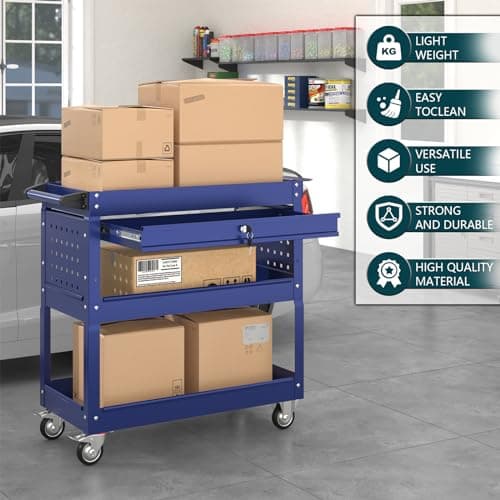 3-Tier Blue Rolling Metal Cart with Locking Drawer - 350 LBS Industrial Storage Organizer