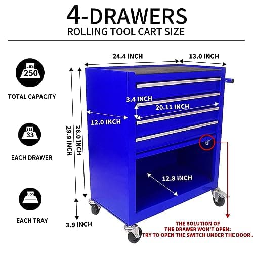 Wheelchair Tool Cart with 4 Drawers, Lockable Storage, Garage Workshop Organizer