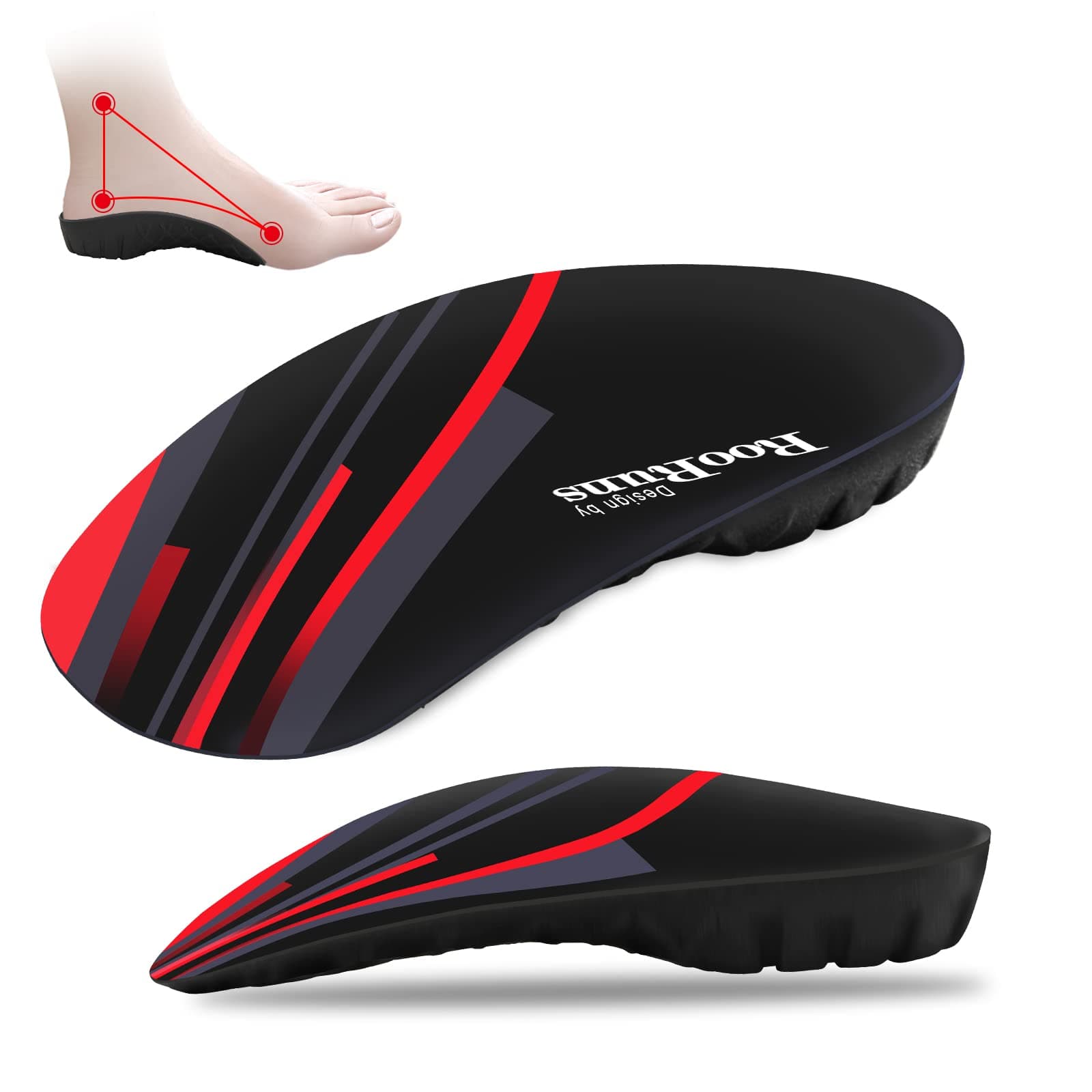 Orthotic Arch Support Insoles for Heel Pain Relief - 330+ lbs, Women & Men - Black Red
