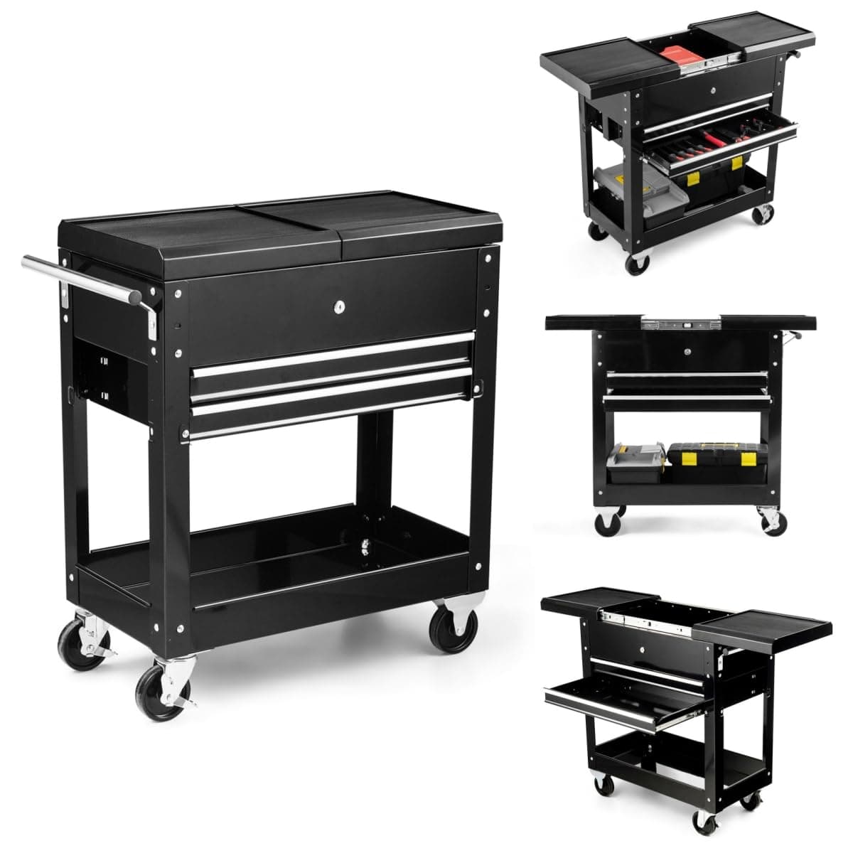 Heavy Duty ERGOMASTER Utility Cart with 4 Tiers & Drawers for Warehouse, Garage, Workshop