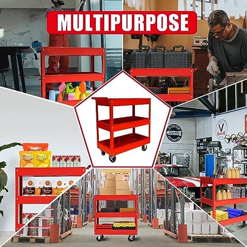 Torin APTC302B Red Steel Tool Cart with 3 Shelves, 200 lbs Capacity