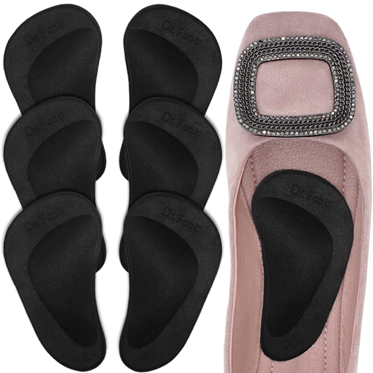 Dr. Foot's Gel Arch Support Insoles for Flat Feet & Plantar Fasciitis, Adhesive Pad - 3 Pairs (Black)