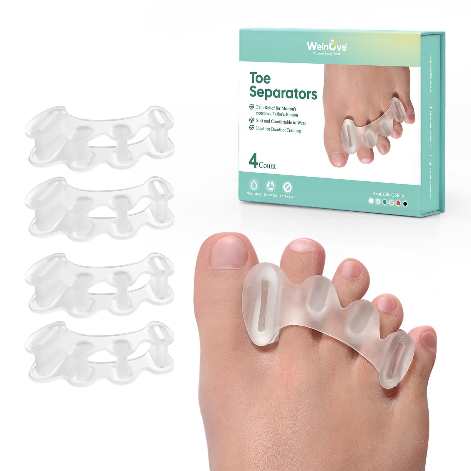 Welnove Adjustable Toe Separators - Relieve Pain, Correct Bunions & Hammertoes (2 Pairs, Gift Box)