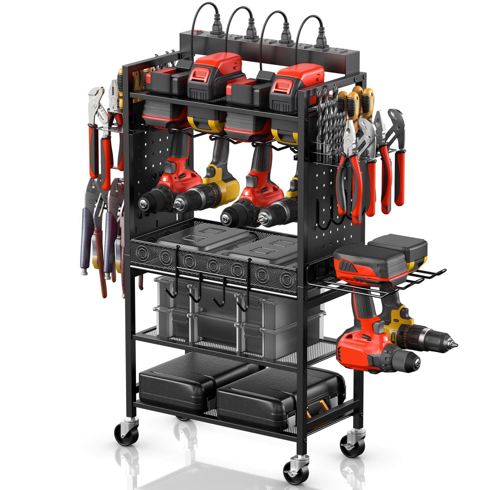 CCCEI Power Tool Organizer Cart with Charging Station, Black