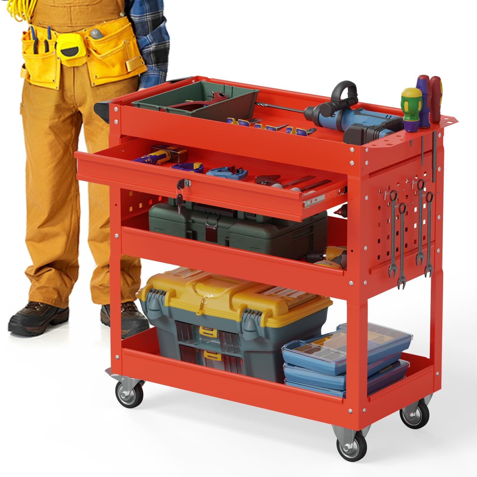 COMPACT ROLLING TOOL CART WITH LOCKABLE DRAWER AND UNIVERSAL WHEELS (RED)