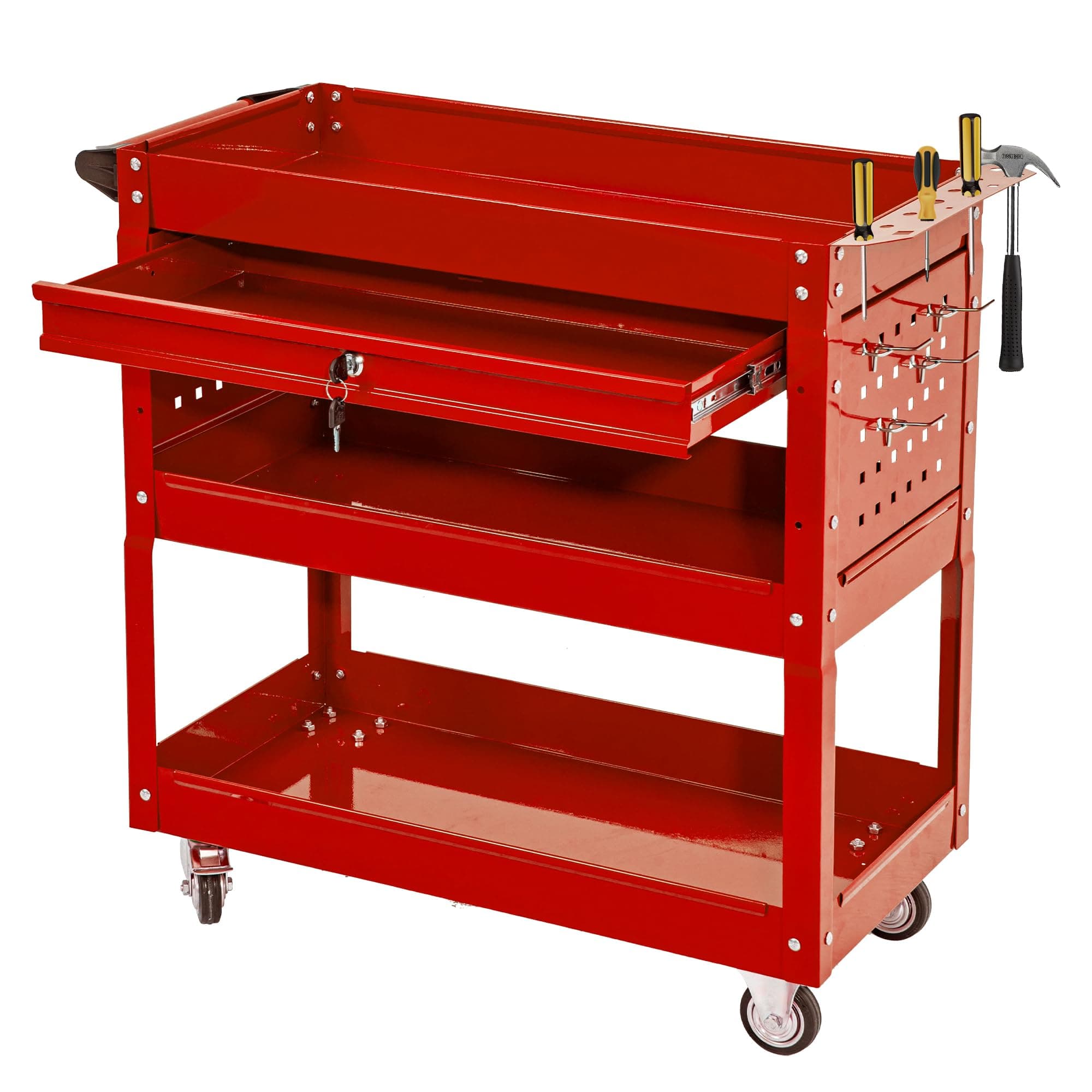 Industrial 3-Tier Rolling Tool Cart with Drawers, Lockable Wheels, Red (Universal Chest)