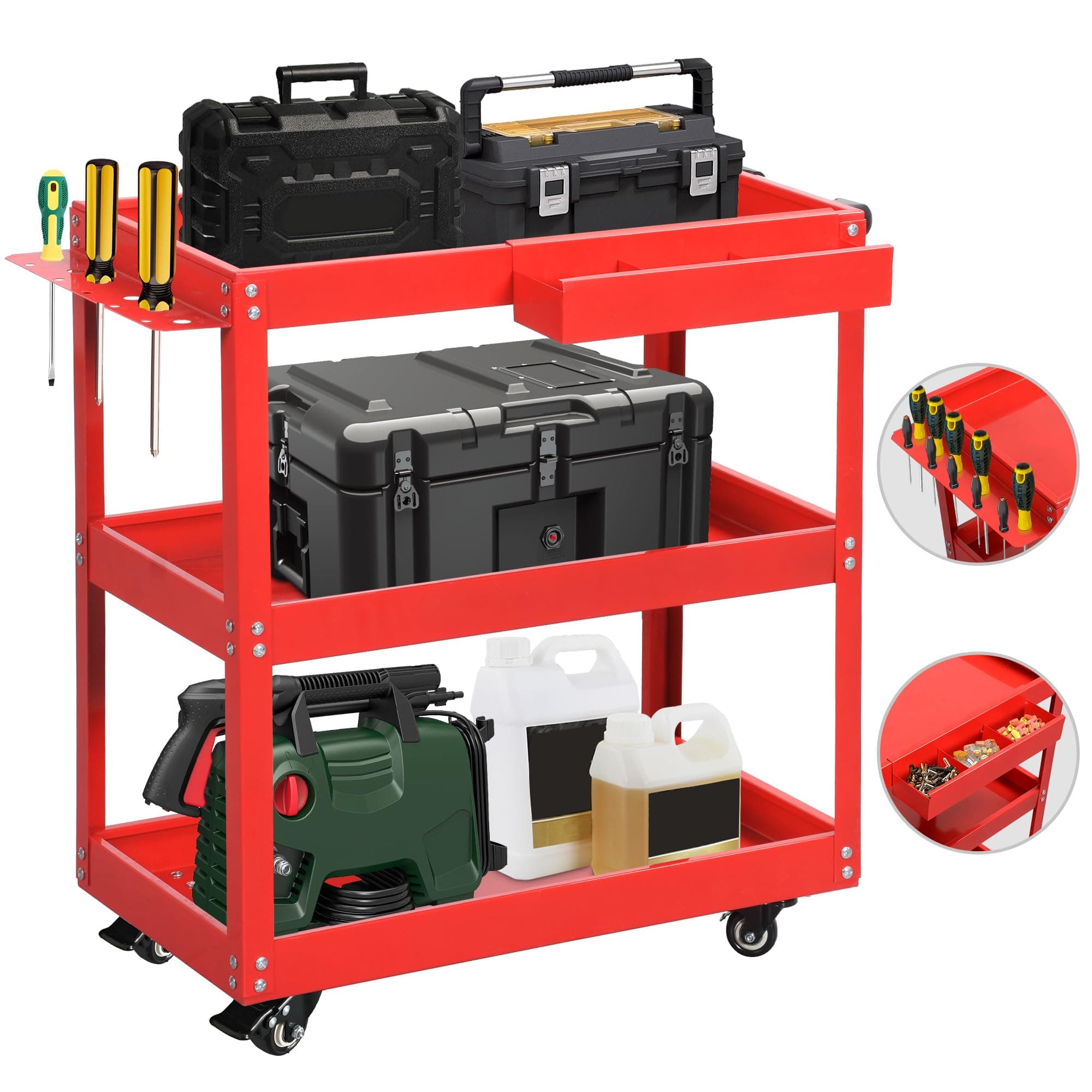 YITAHOME Heavy Duty 3-Tier Tool Cart, Rolling Metal Storage with Screwdriver Board 400lbs Red