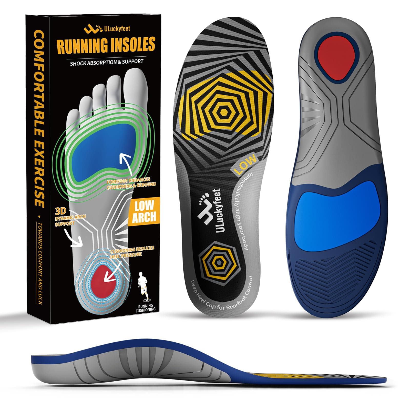 Men's & Women's Running Insoles for Plantar Fasciitis, Low Arch Support & Shock Absorption -Boosts Performance & Reduces