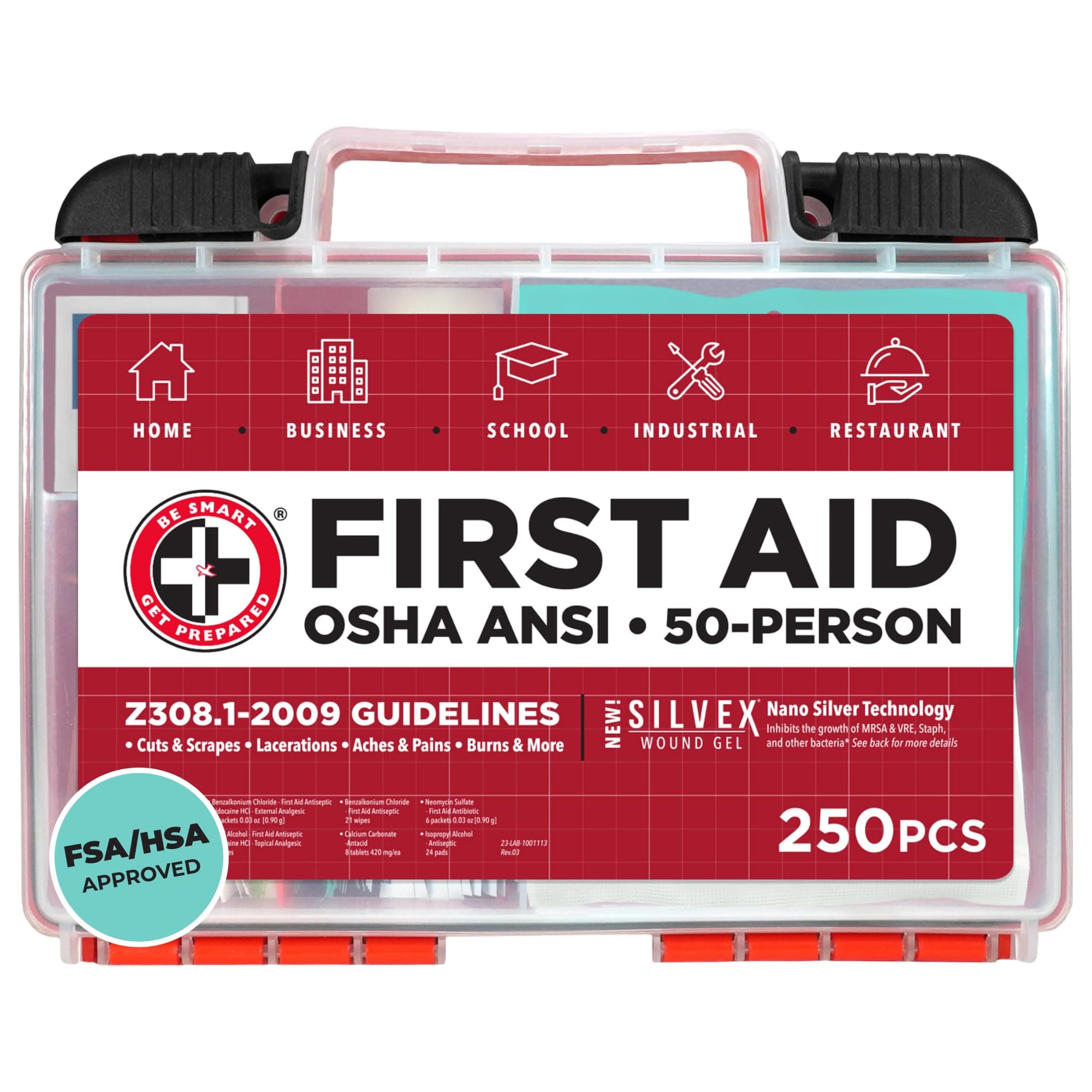 OSHA/ANSI First Aid Kit 50 Person, 250 Pieces - Home, Business, School, Industrial, Restaurants