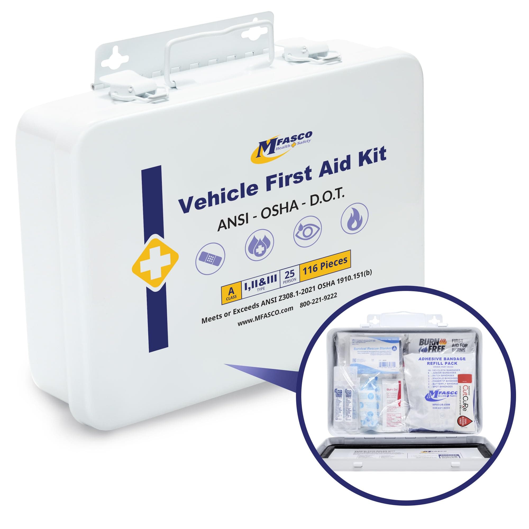 MFASCO DOT/ANSI/OSHA Compliant Vehicle First Aid Kit - 115 Pcs - Portable & Mountable - Waterproof