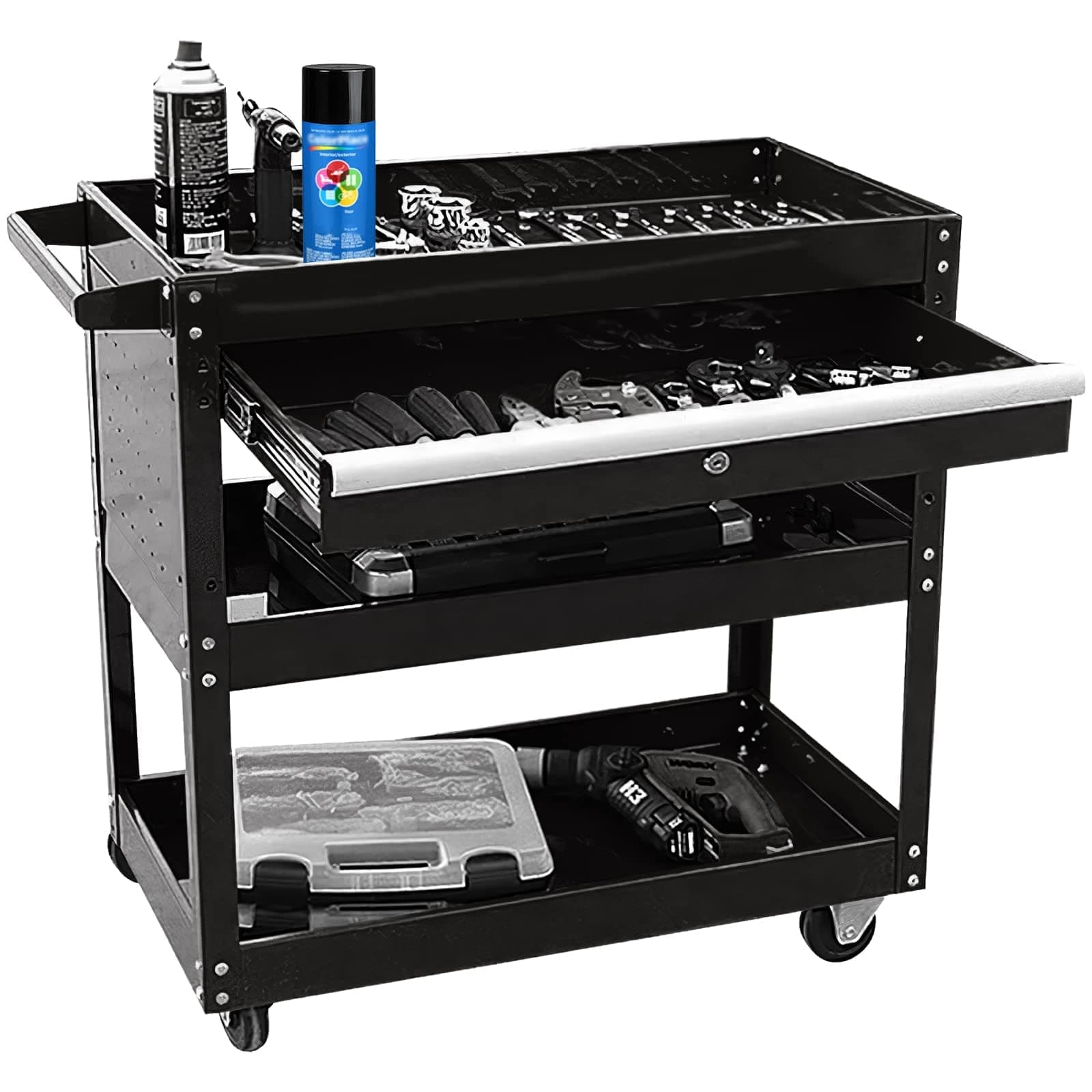 3-Tier Metal Tool Cart, 330 lb Capacity, Black (With Drawer & Lock)
