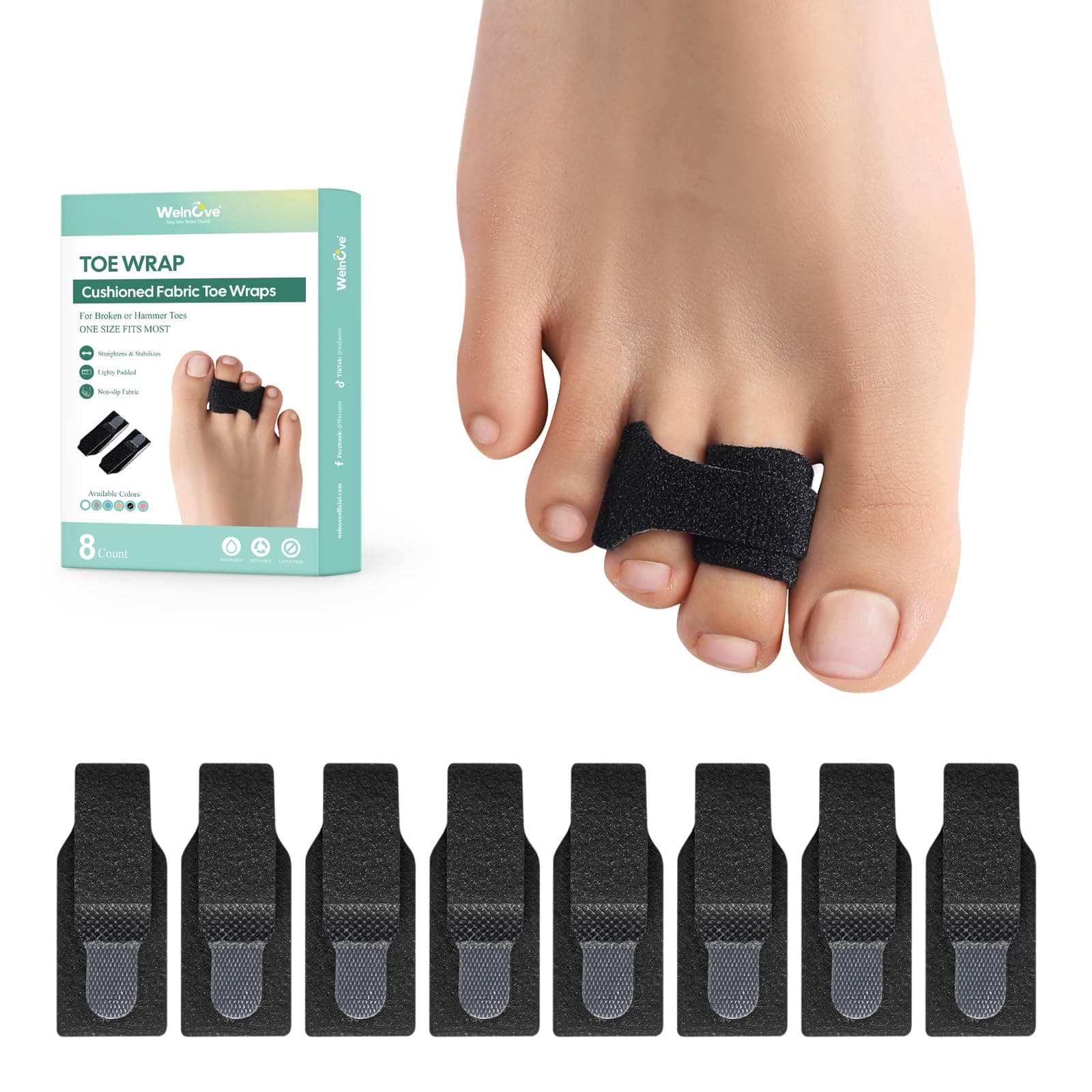 Hammer Toe Straightener - 8 Pack of Splints for Overlapping, Crooked, Curled, and Bent Toes (Black, Large)