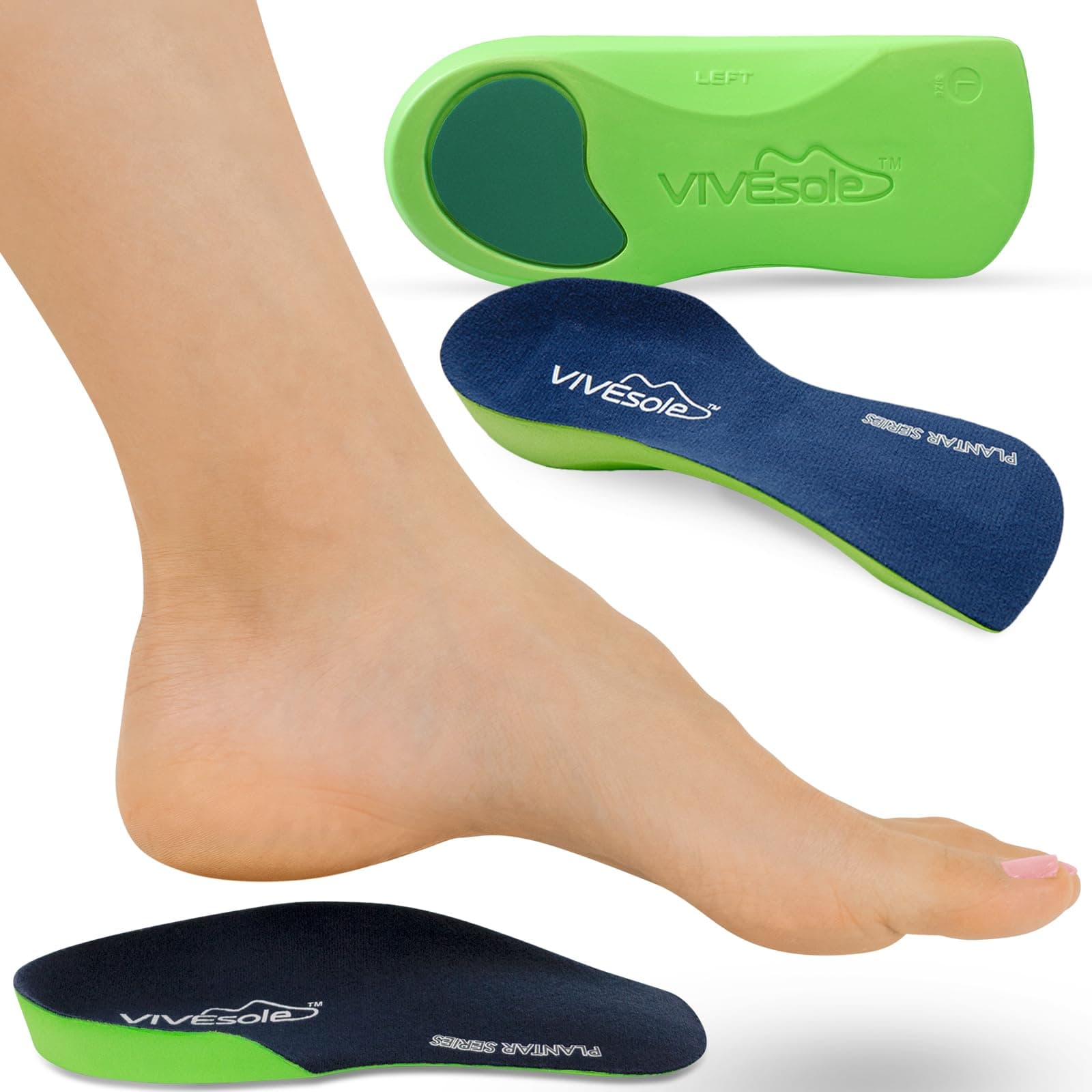 VIVEsole 3/4 Insoles for Flat Feet, Arch Support - Pain Relief for Plantar Fasciitis, Fatigue, and Back Pain