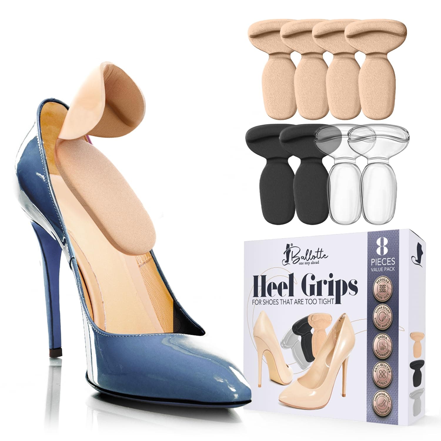 Ballotte Soft Silicone Heel Protectors, Alleviates Slipping & Discomfort (8-Pack Multicolor)