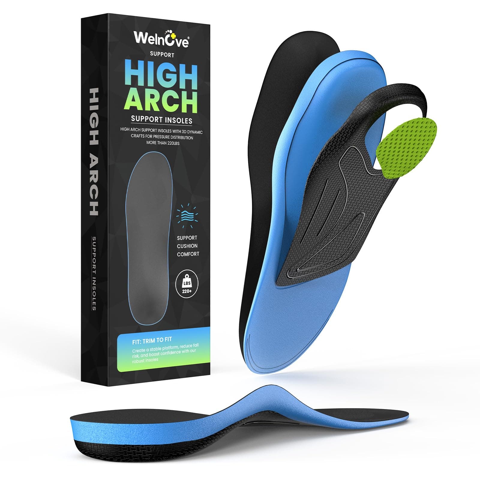 Welnove High Arch Support Orthotics Insoles - Plantar Fasciitis Pain Relief for Flat Feet, Heel Spurs & All-Day Standing