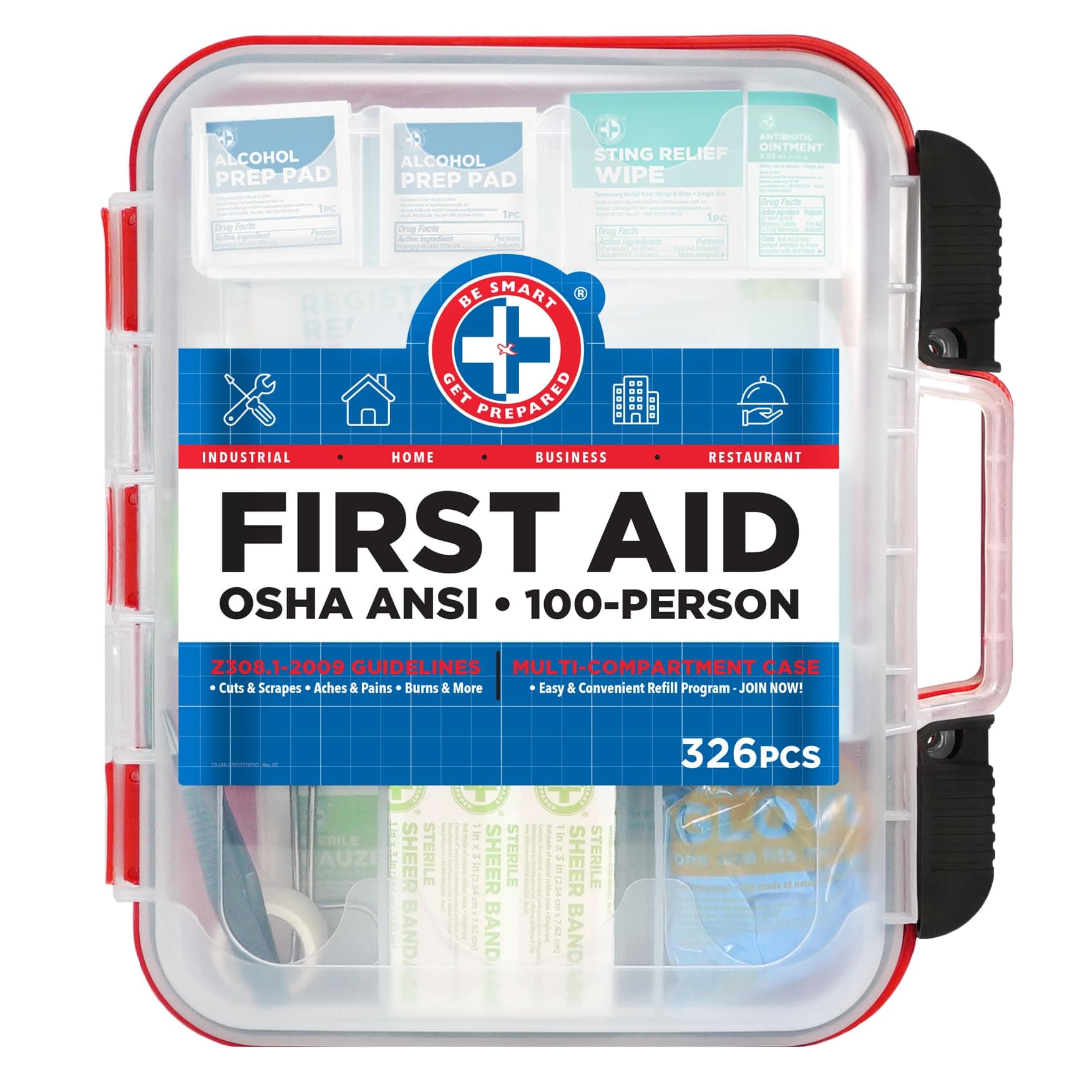 First Aid Kit for 100 People - Office, Home, Car, School, Emergency, Survival, Camping, Hunting, Sports - 326 Pieces - Hard Red Case - Exceeds OSHA and ANSI Guidelines
