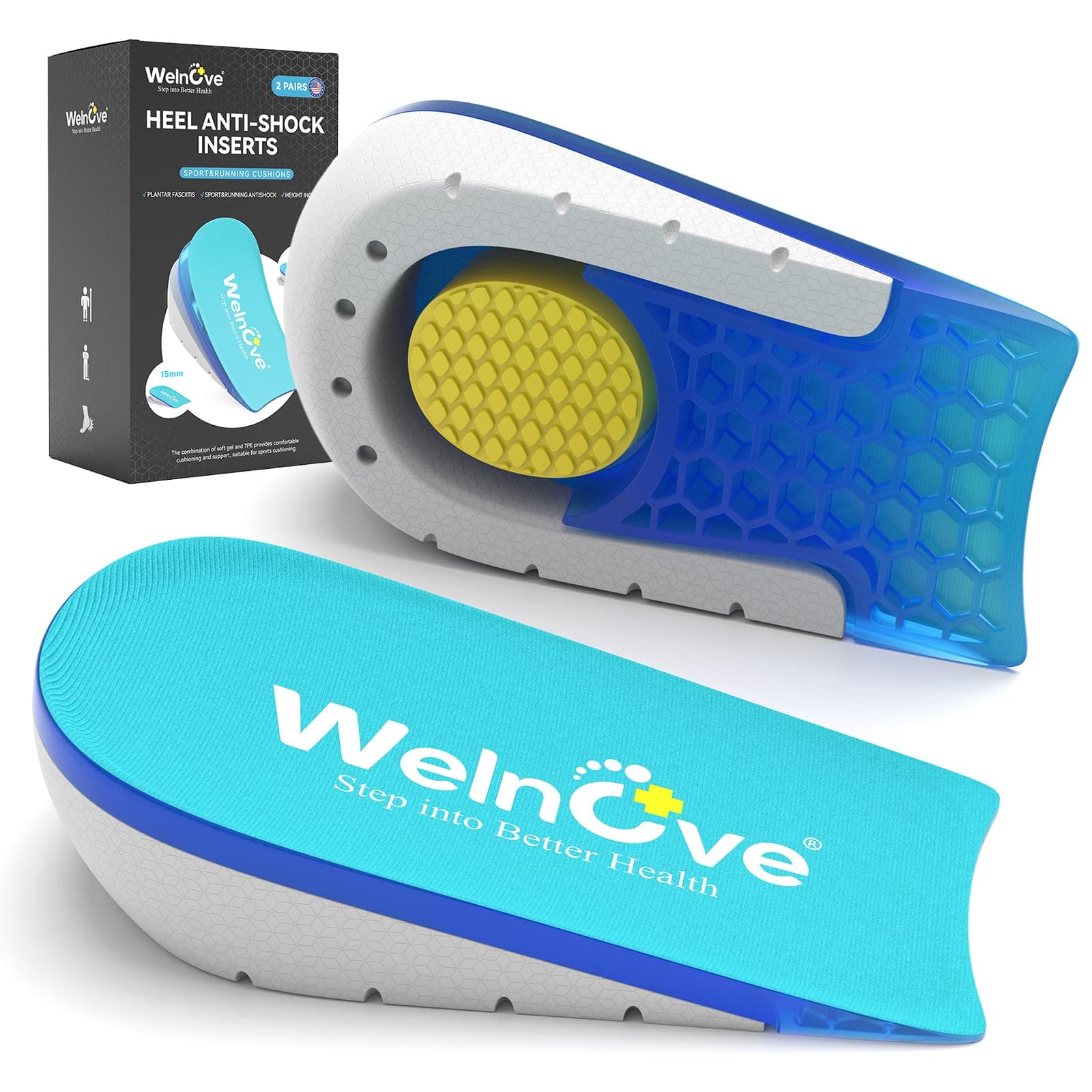 Welnove Gel Heel Cushions for Pain Relief - 0.6" to 1" Height Support for Women's 9-11.5 & Men's 7-9.5