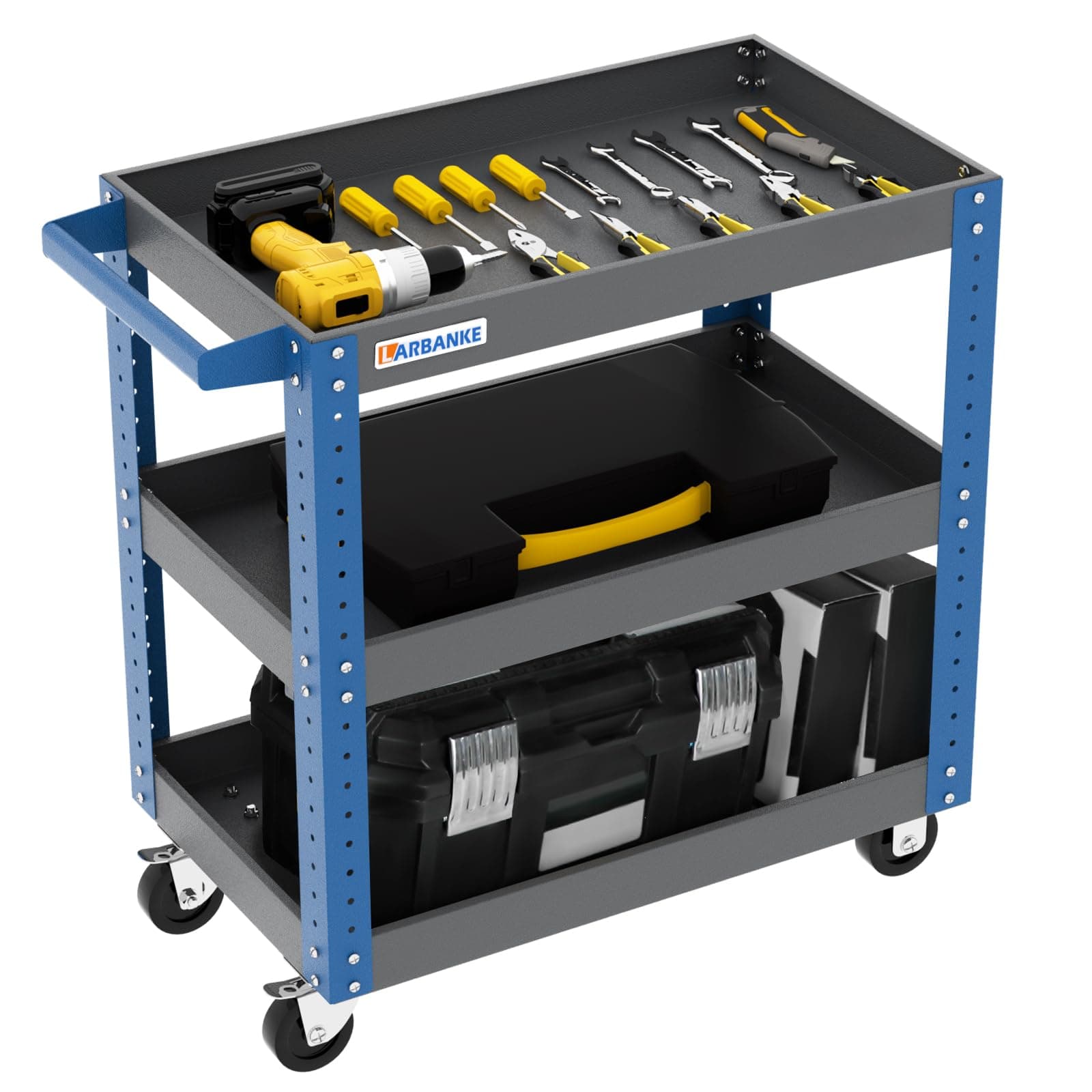 3-Tier Locking Tool Roll Cart, 500LBS Capacity, Blue