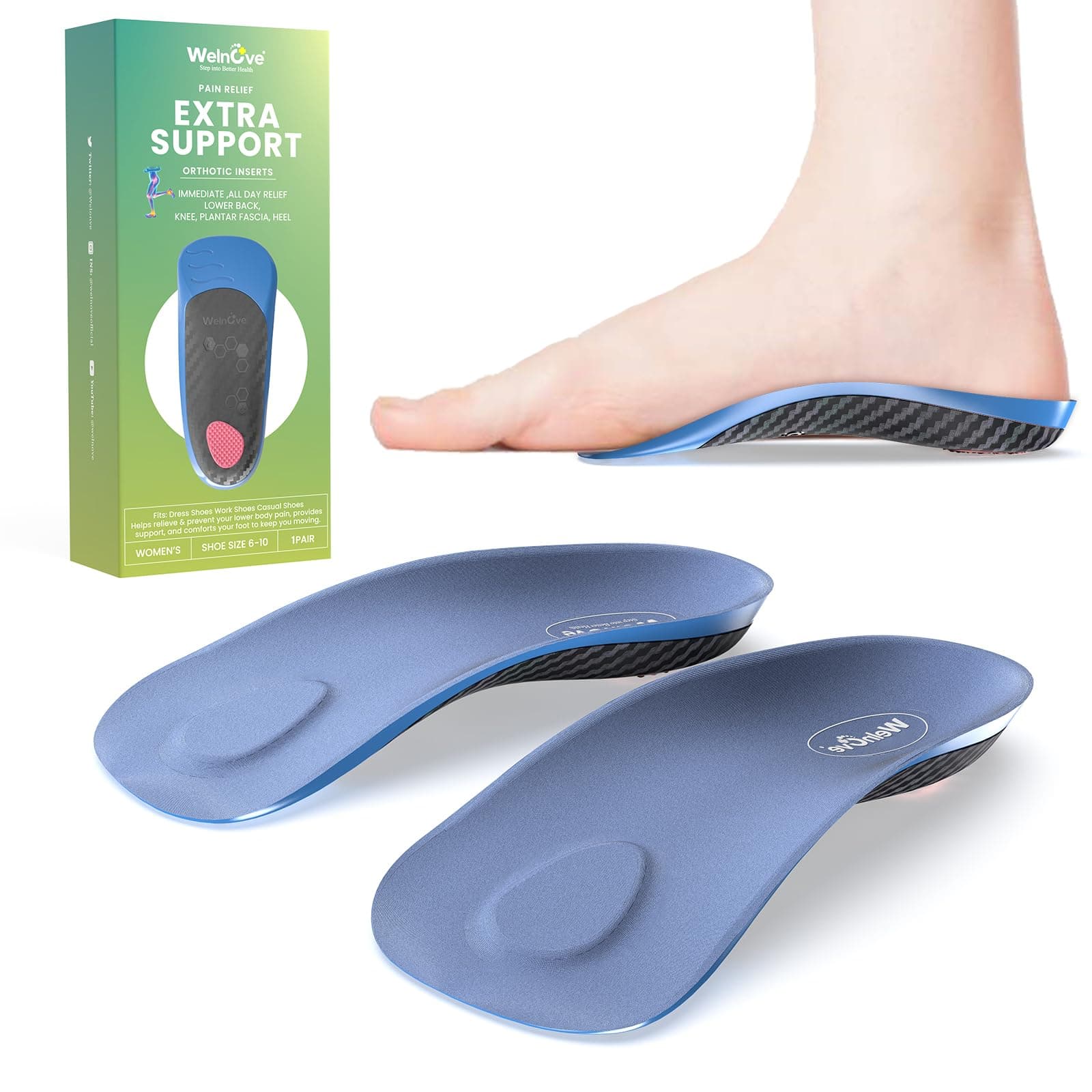 Welnove Men's & Women's Arch Support Inserts, 3/4 Length Heel Pain Relief Insoles for Flat Feet
