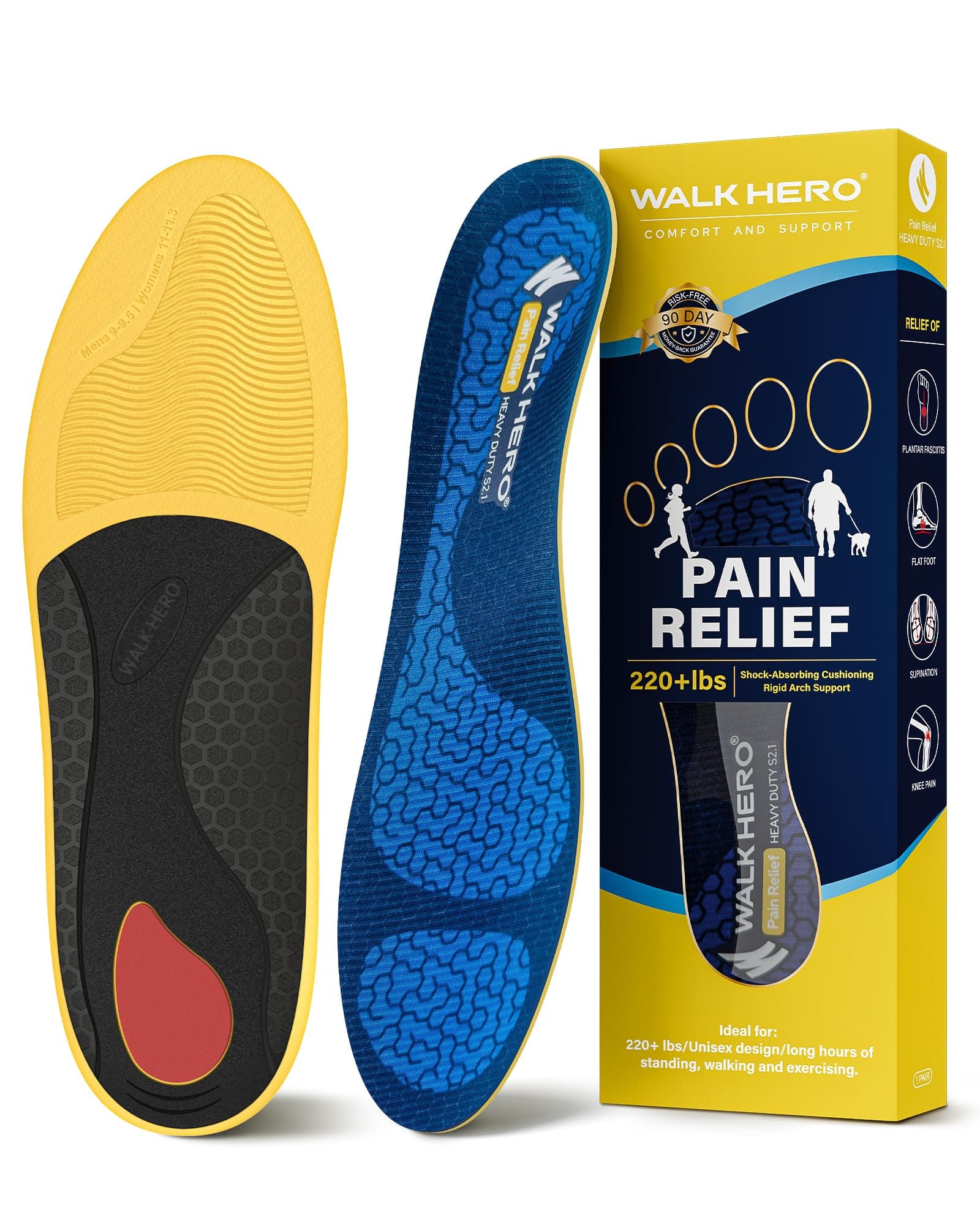 WalkHero Heavy Duty Pain Relief Shoe Inserts, Glacial Blue (Mens 9-9.5 | Womens 11-11.5)