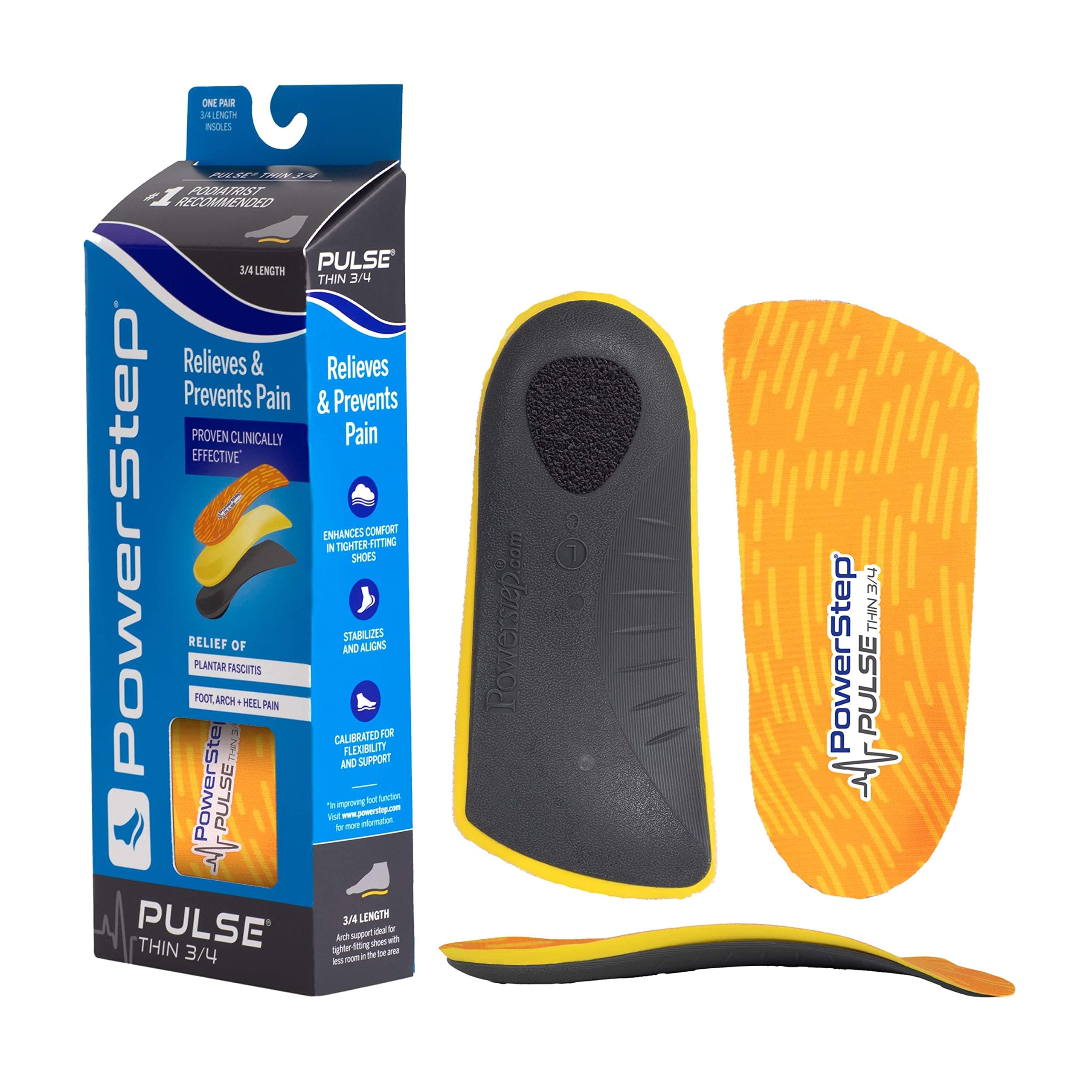 PowerStep Pulse 3/4 Orthotics - Arch Support & Pain Relief for Running Shoes - Made in USA
