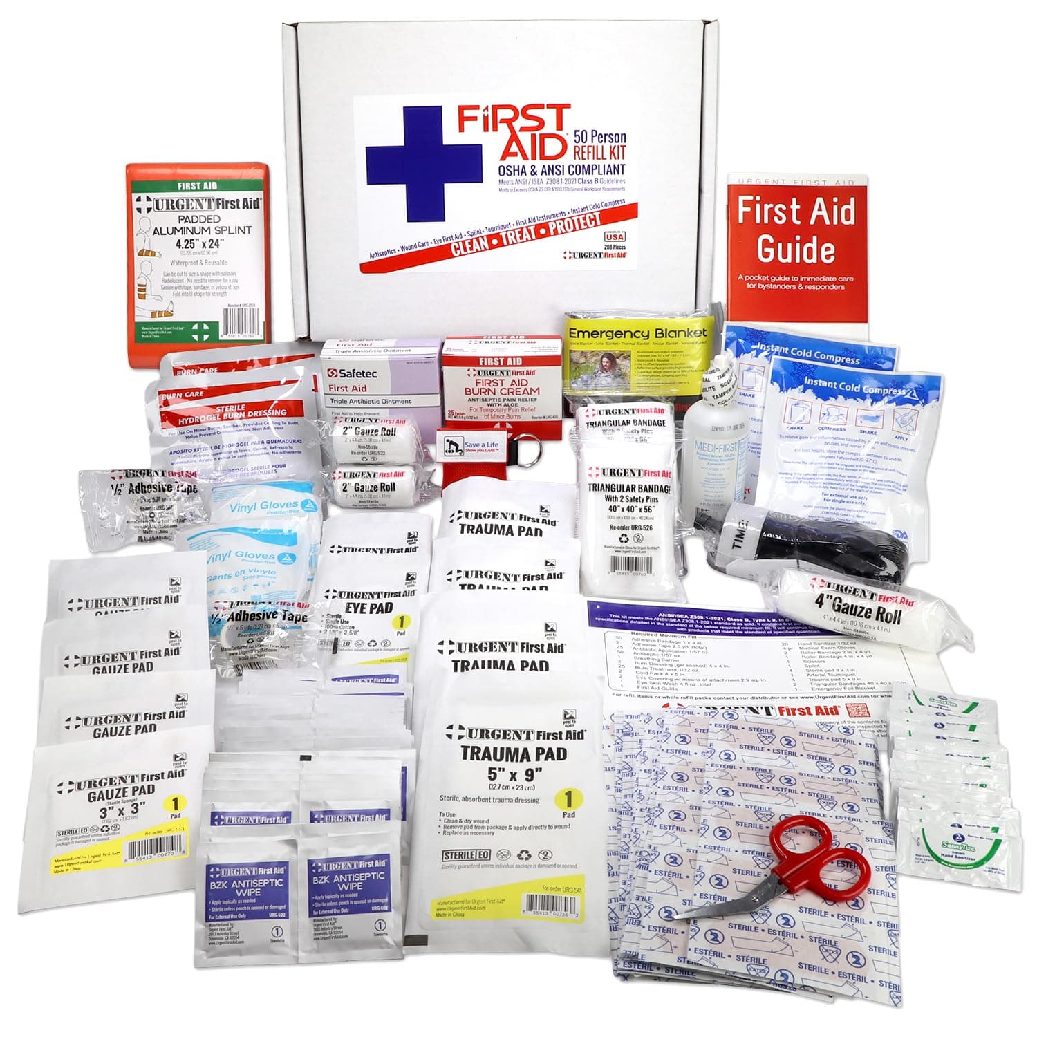 ANSI 2021 Class B First Aid Kit Refill, 50 Person, 208 Pieces