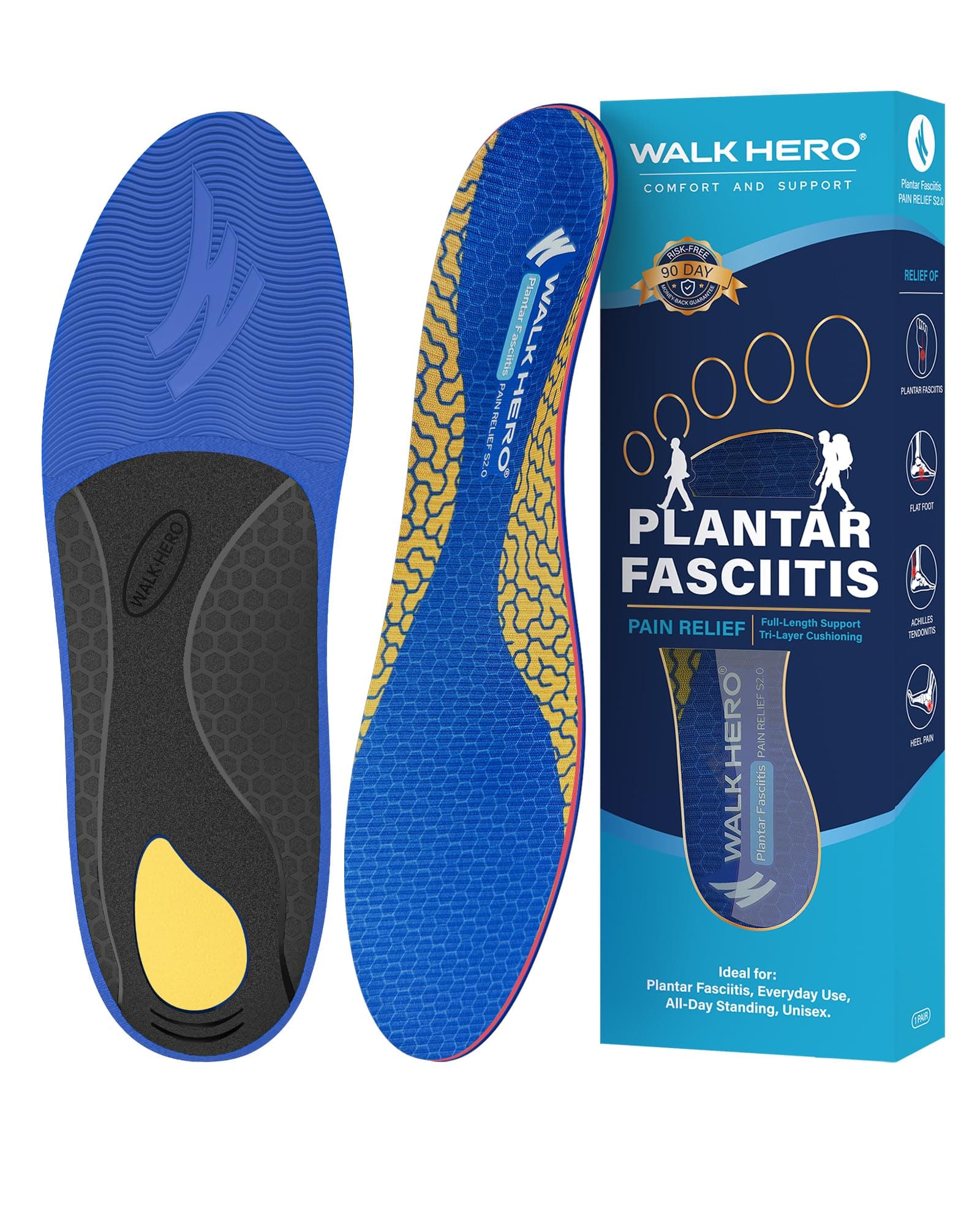 WalkHero Arch Supports - Plantar Fasciitis Pain Relief, Orthotic Inserts for All-Day Standing Comfort | Men's 6-6.5 | Wo