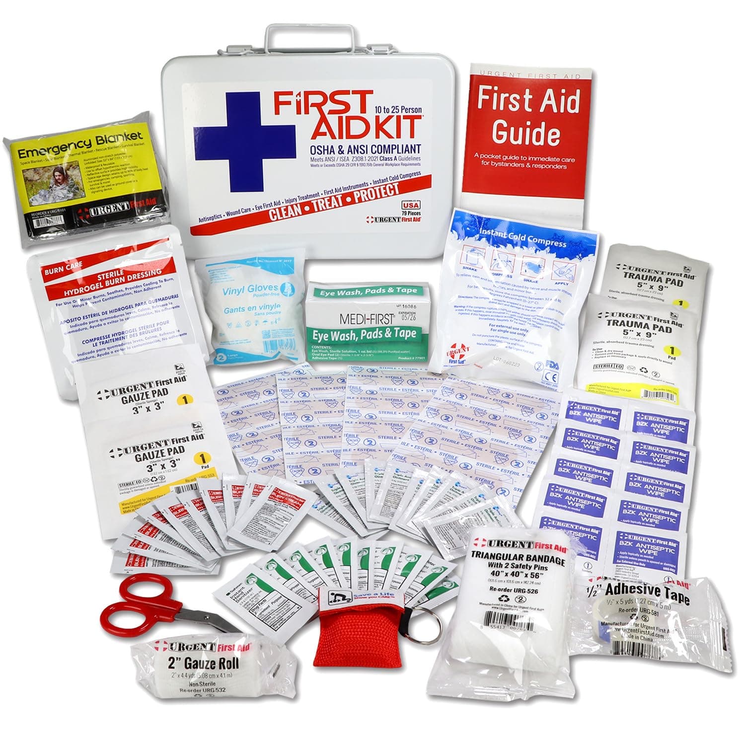 Urgent First Aid OSHA & ANSI 25-Person First Aid Kit, 79 Pieces, USA Assembled