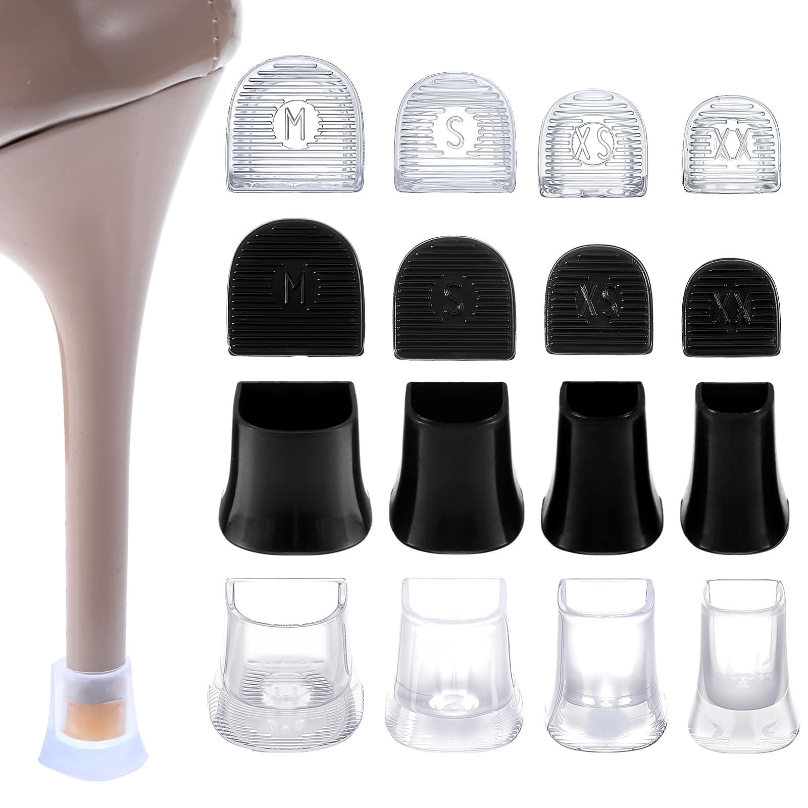 Cobee Anti-Slip Heel Caps, Noise Reducing, Black & Transparent, 8 Pairs for Women's High Heels