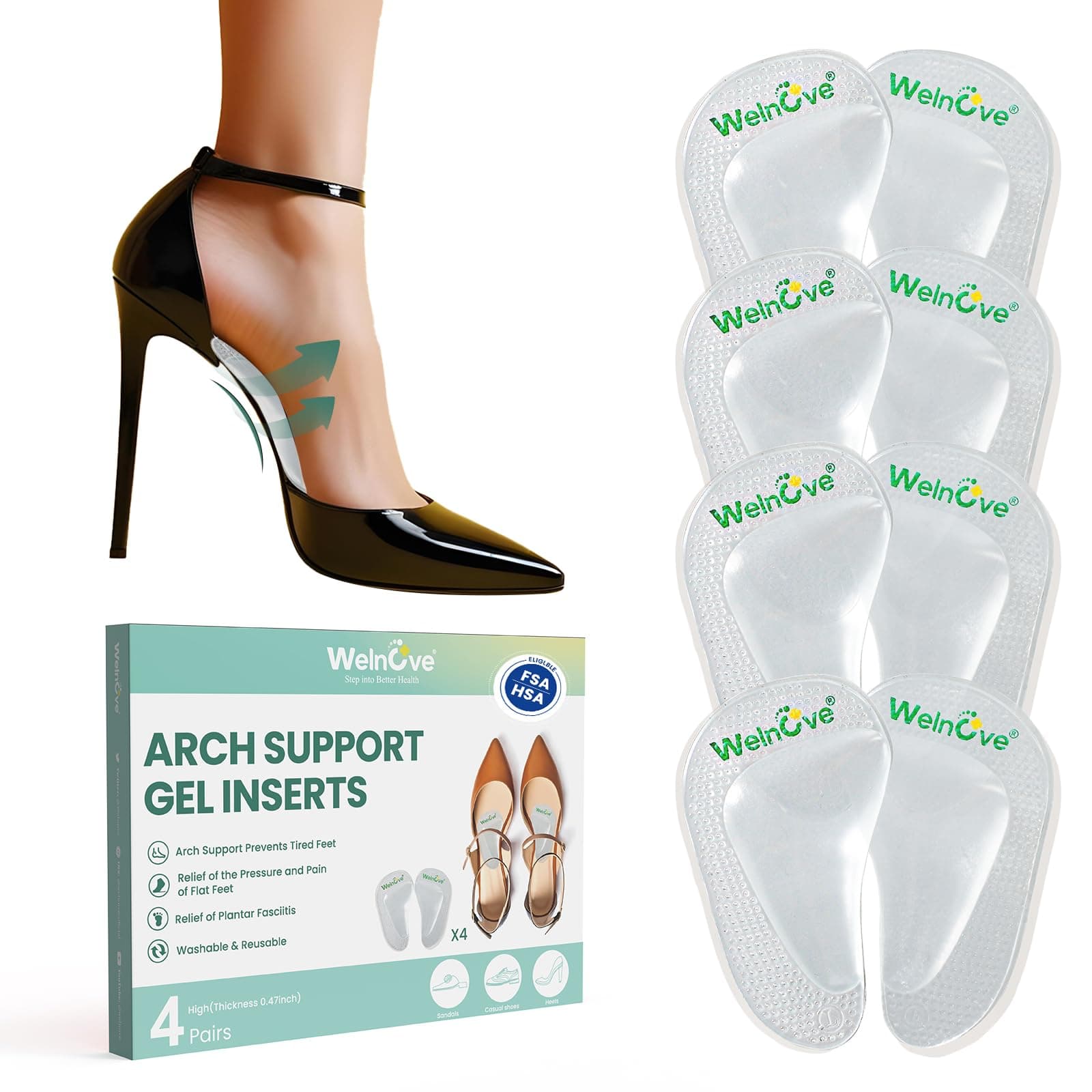 Welnove Gel Arch Support Insoles for Flat Feet - Plantar Fasciitis Pain Relief, Men & Women