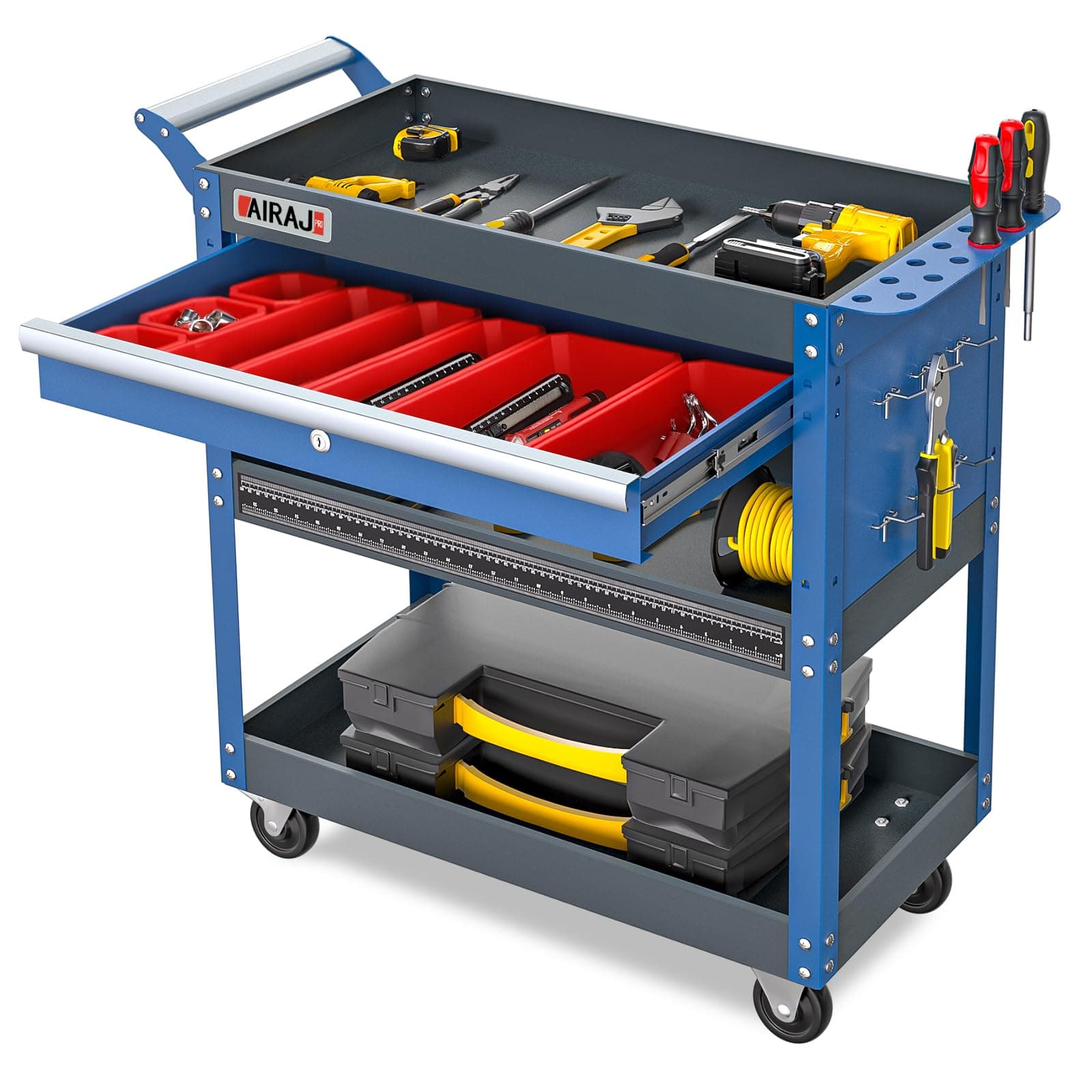 Heavy Duty 440 lb 3 Tier Tool Cart with Drawers & Hooks, Blue for Garage Workshop
