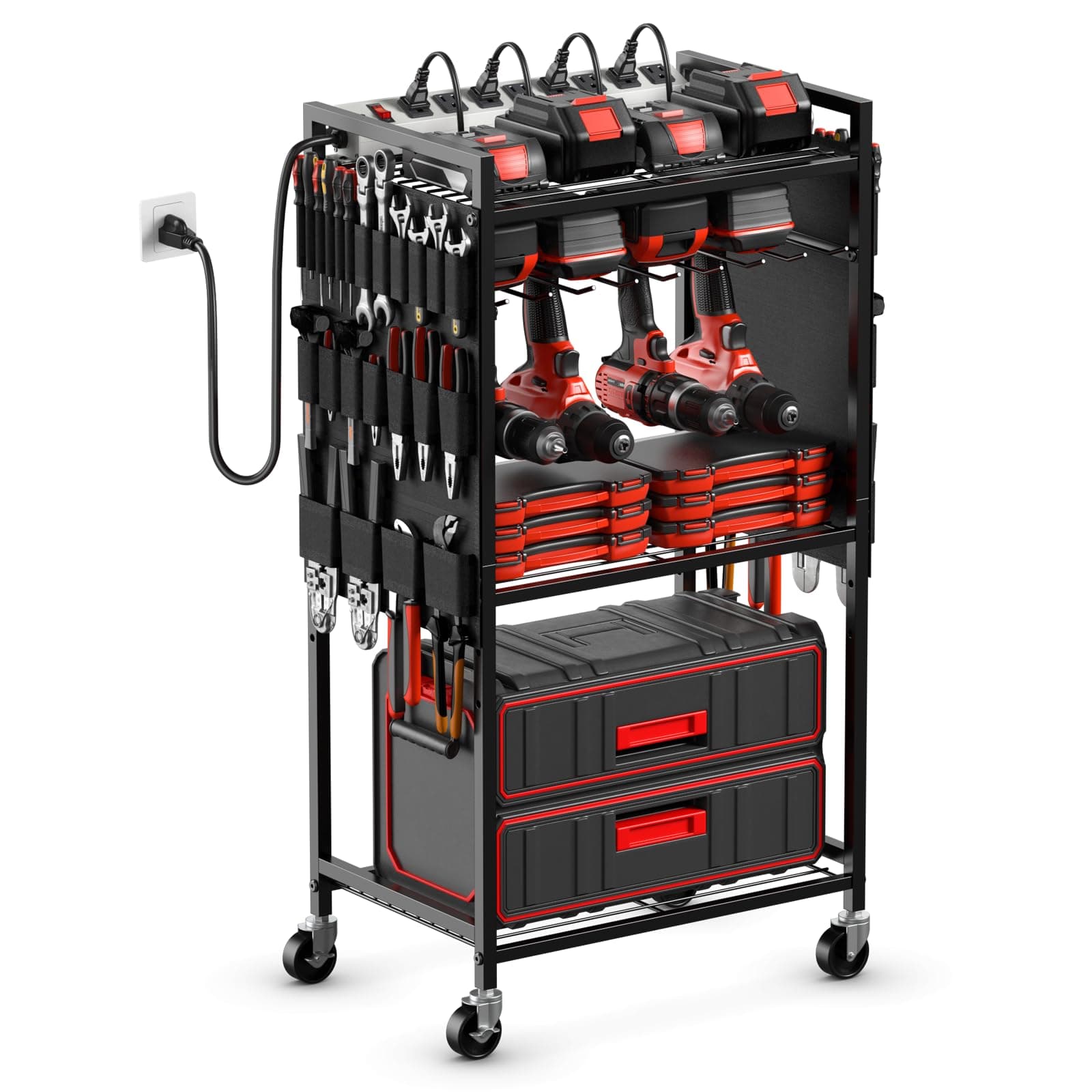 JUNNUJ Heavy Duty Tool Organizer Cart with Power_strip, Black