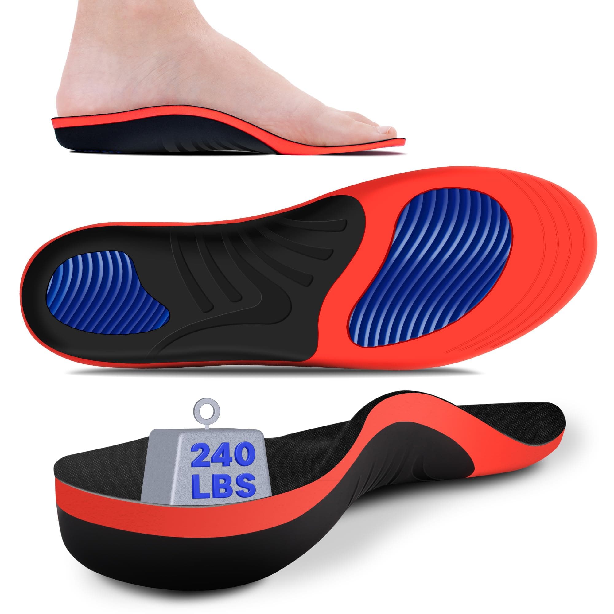 High Arch Support Insoles for Men Women, 240+lbs, Plantar Fasciitis Relief, Comfort Cushion, Trim-to-Fit (USA 7-11)