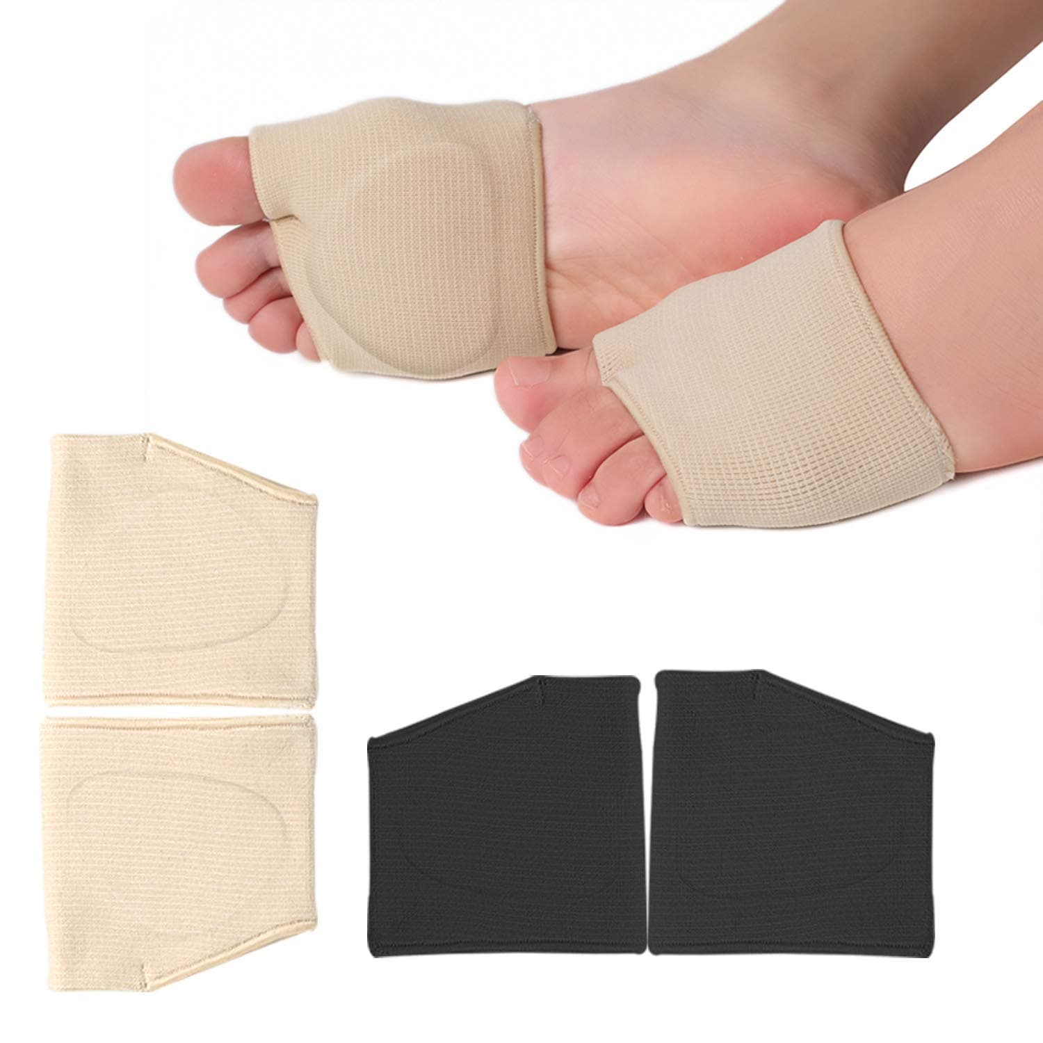 RooRuns Gel Metatarsal Pads for Pain Relief, 2Pairs (Black+Beige)