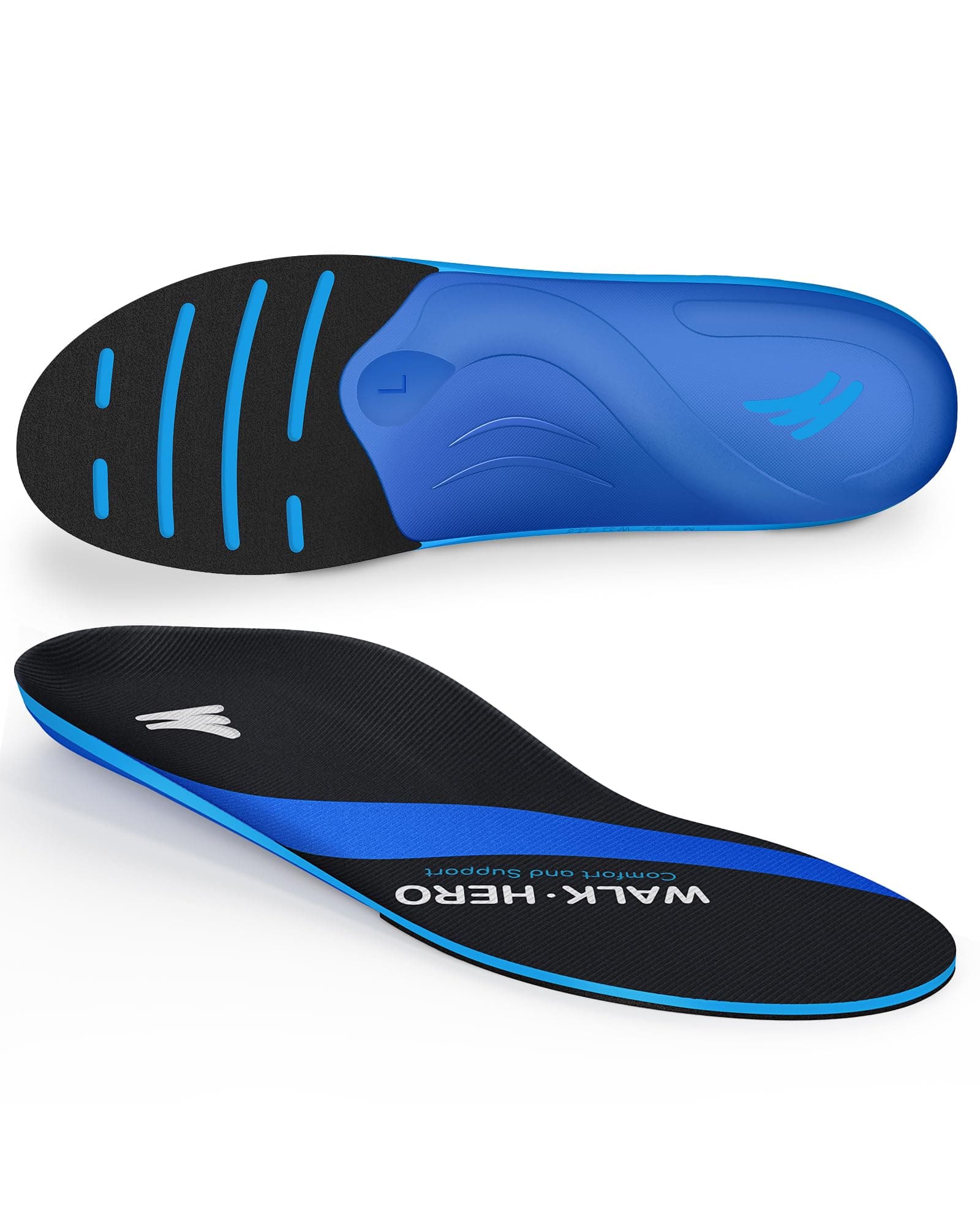 WalkHero Arch Support Inserts for Plantar Fasciitis and Daily Walking (Mens 7-7.5, Womens 9-9.5, Navy Blue)