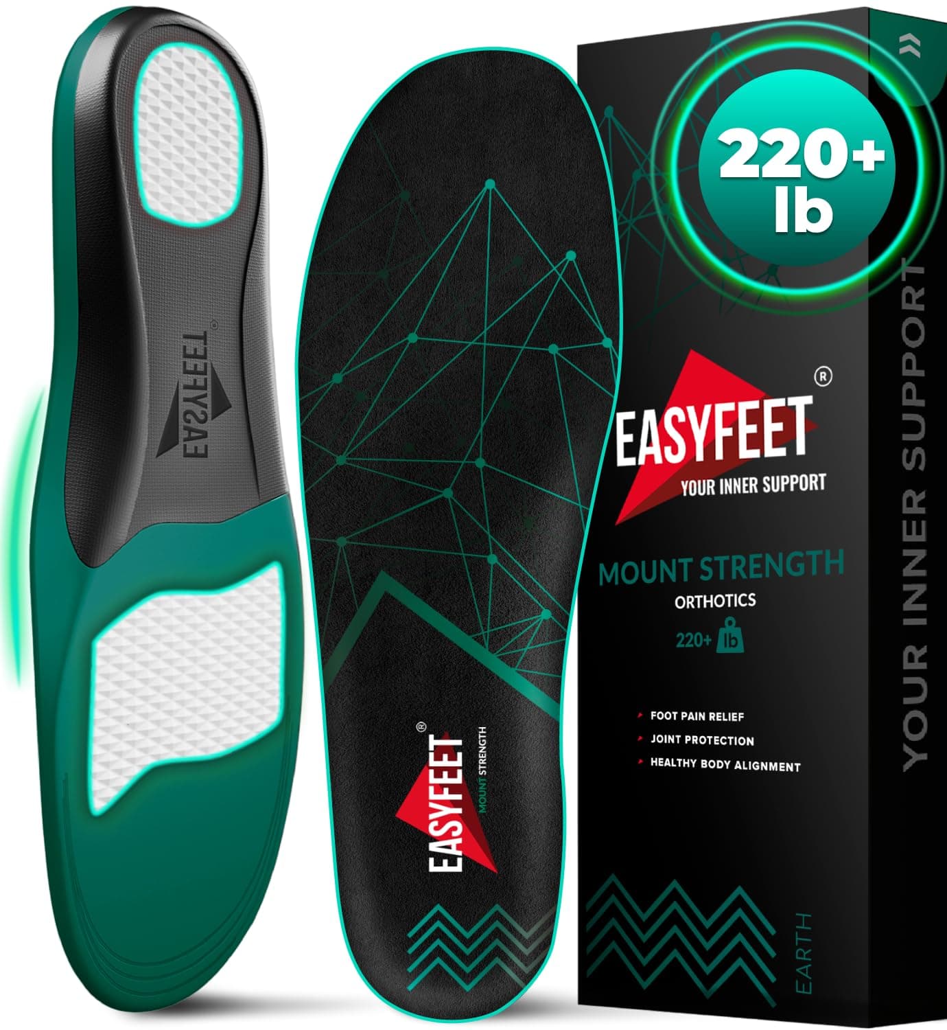 High Arch Support Insoles for Flat Feet - Men Women 220+ lbs, Standing All Day
